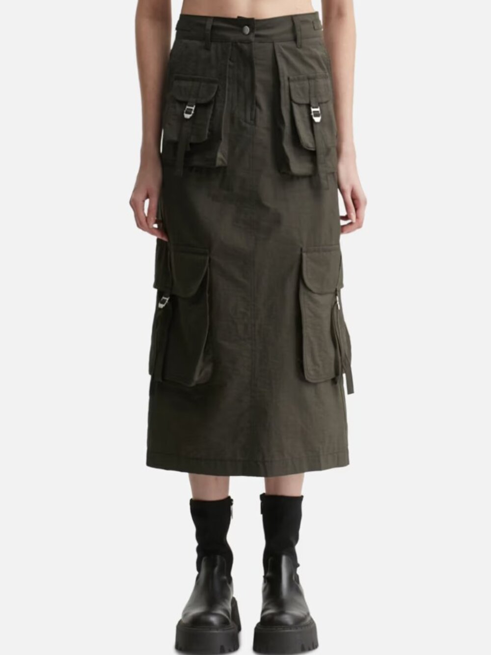 Acne Studios Utility Cargo Pocket Midi Skirt in Dark Olive Grey Size 34